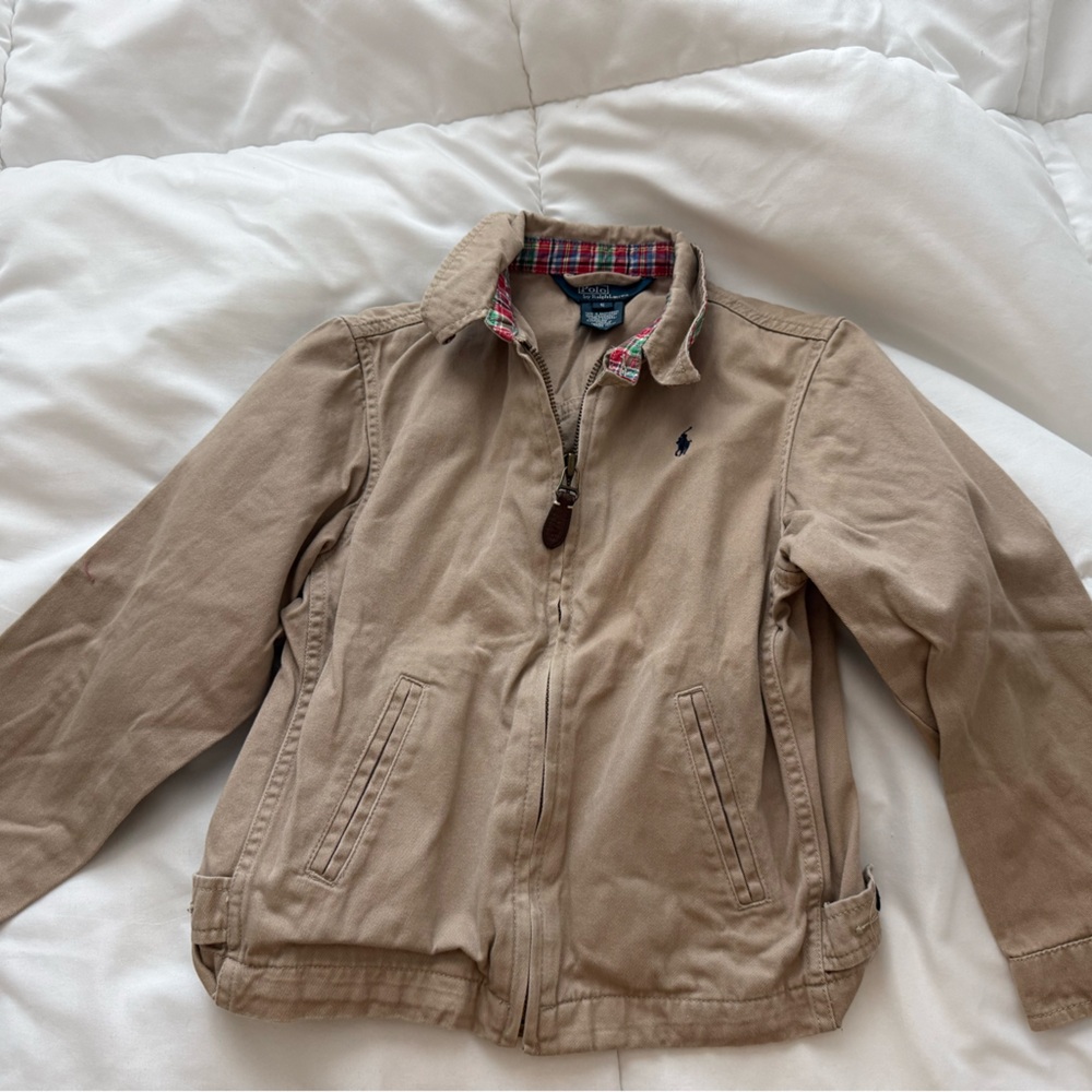 Children’s  Ralph Lauren cotton twill bomber jacket in khaki with plaid lining
